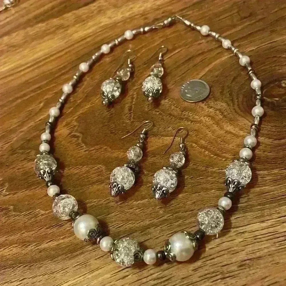 Crystal and Silver Colored Glass Bead and Faux Pearl Earrings and Neckla… - Picture 5 of 5